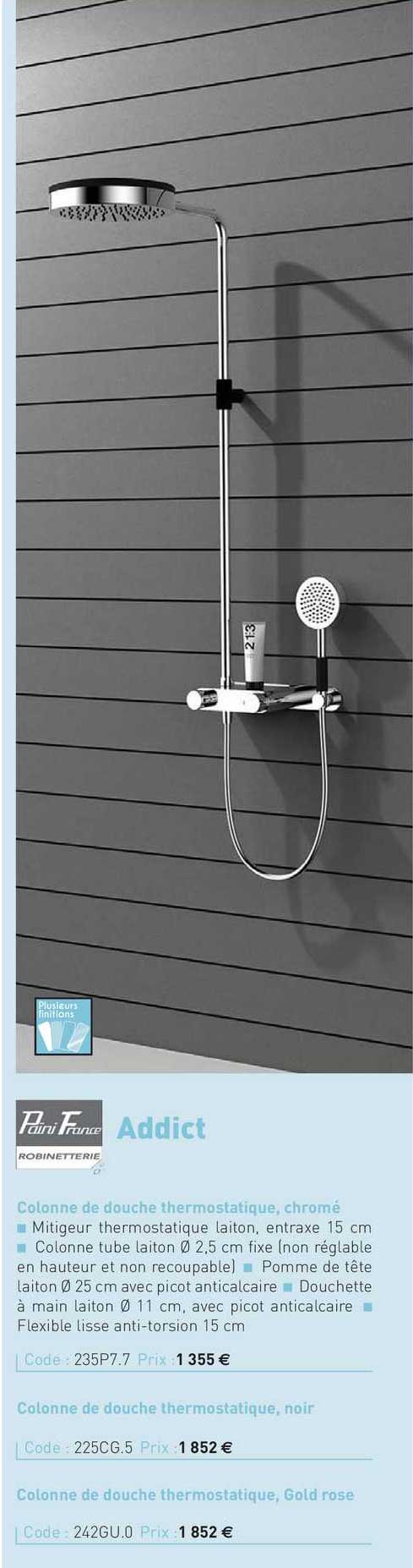 colonne de douche thermostatique, chromé addict paini france
