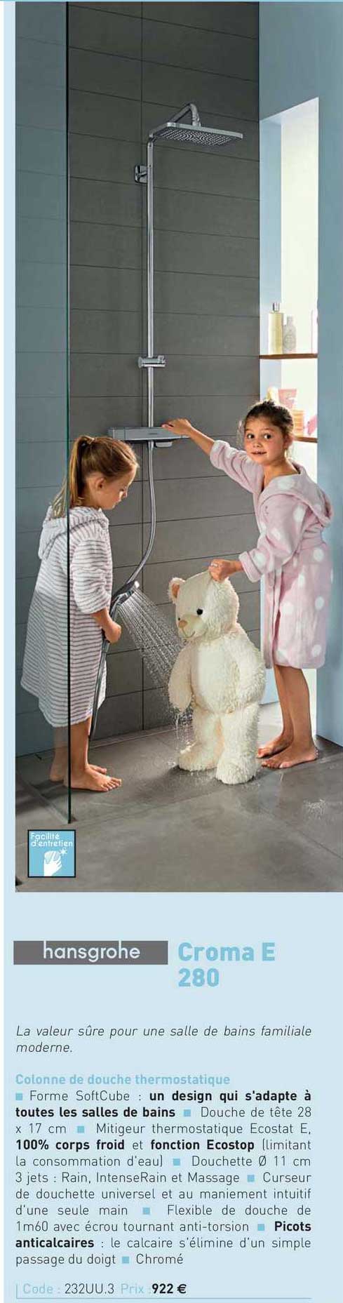 colonne de douche thermostatique croma e 280 hansgrohe