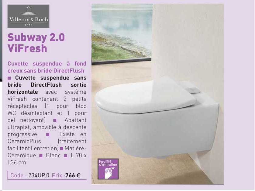 cuvette suspendue à fond creux sans bride directflush subway 2.0 vifresh villeroy & boch