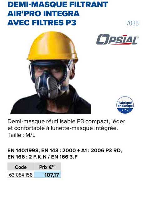 demi-masque filtrant air'pro integra avec filtres p3 opsial