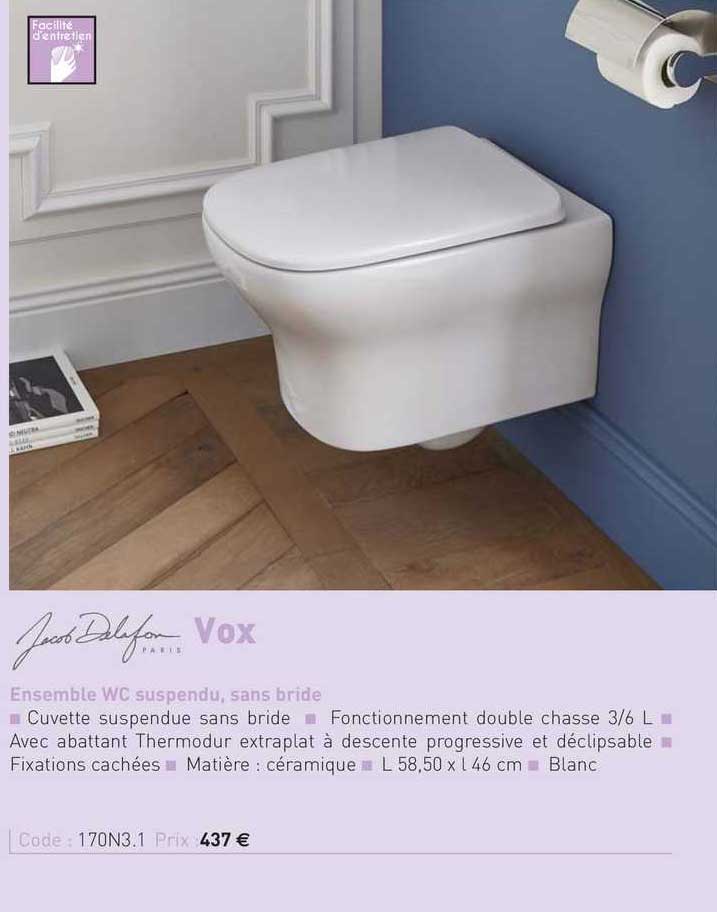 ensemble wc suspendu, sans bride vox jacob delafon