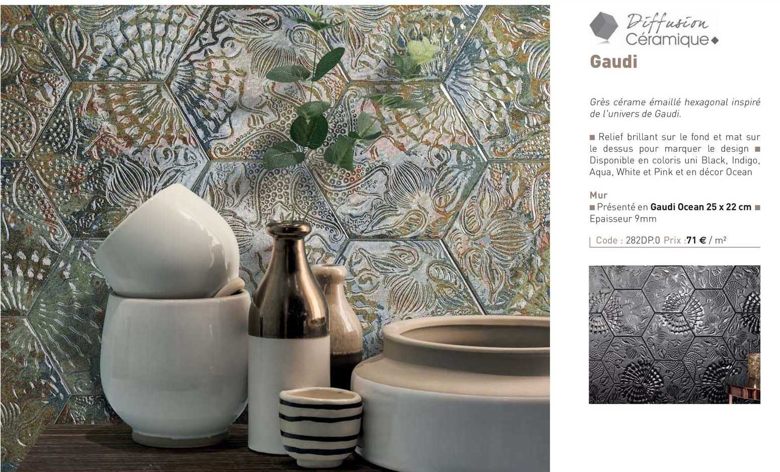 grès cérame émaillé hexagonal inspiré de dl'univers de gaudi diffusion céramique