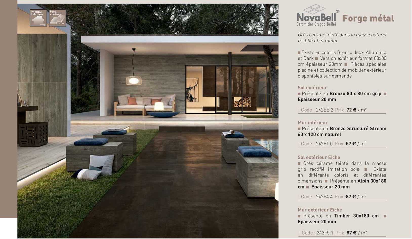 grès cérame sol extérieur, mur intérieur, sol extérieur eiche, mur extérieur eiche forge métal novabell