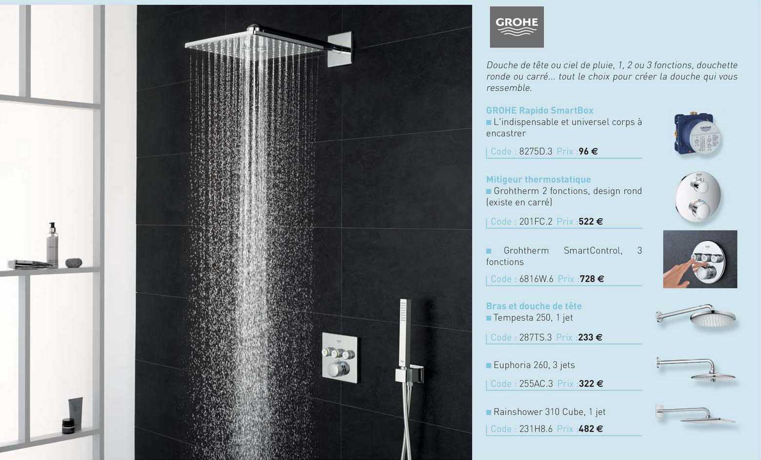 grohe rapido smartbox, mitigeur thermostatique, bras et douche de tête grohe