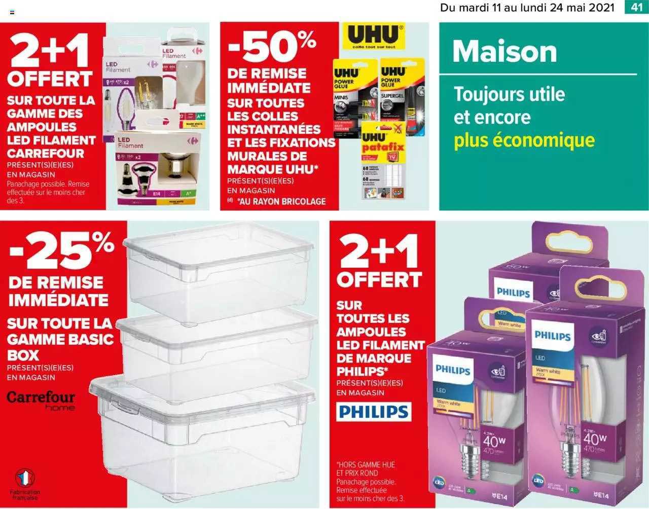 La Gamme Des Ampoules Led Filament Carrefour, La Gamme Basic Box, Les Colles Instantanées Et Les Fixations Murales De Marque Uhu, Ampoules Led Filament De Marque Philips