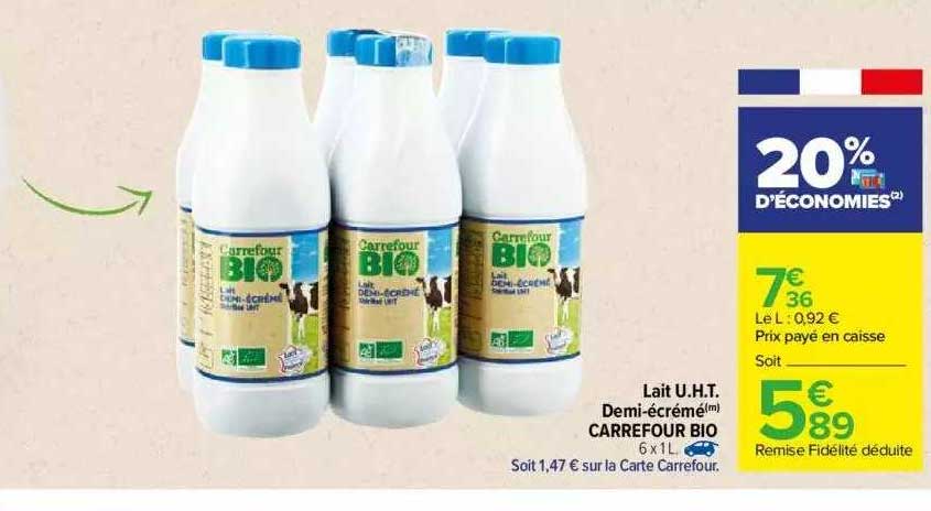 lait u.h.t. demi-écrémé carrefour bio