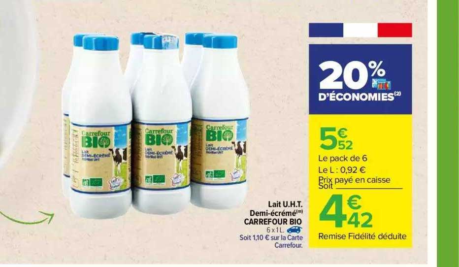 lait u.h.t. demi-écrémé carrefour bio