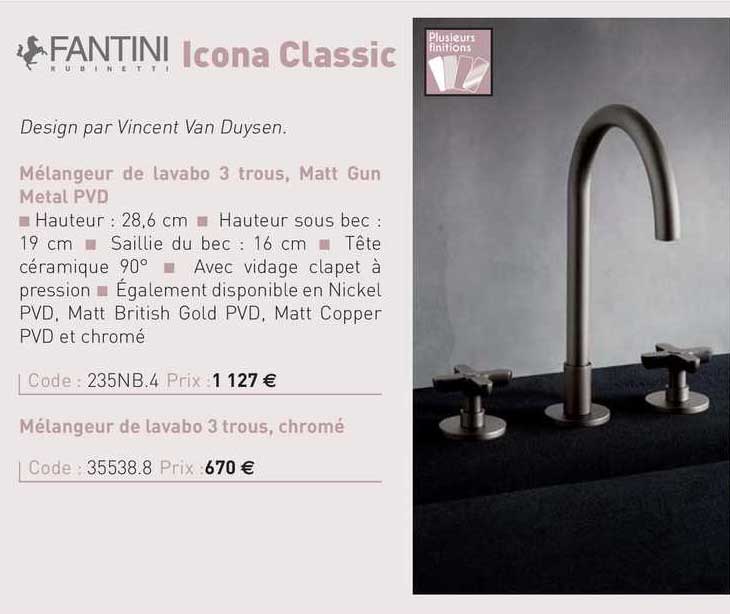 mélangeur de lavabo 3 trous, matt gun metal pvd icona classic fantini