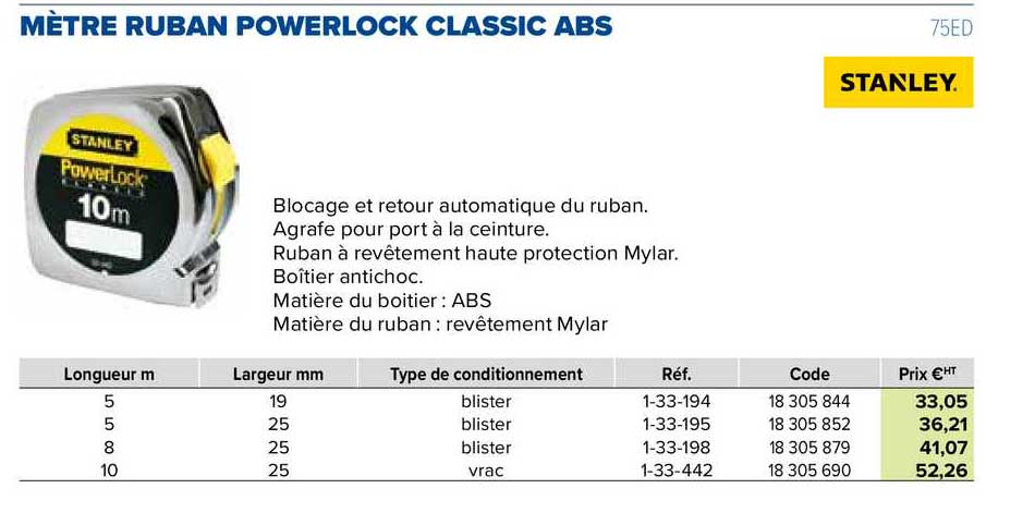 mètre ruban powerlock classic abs stanley