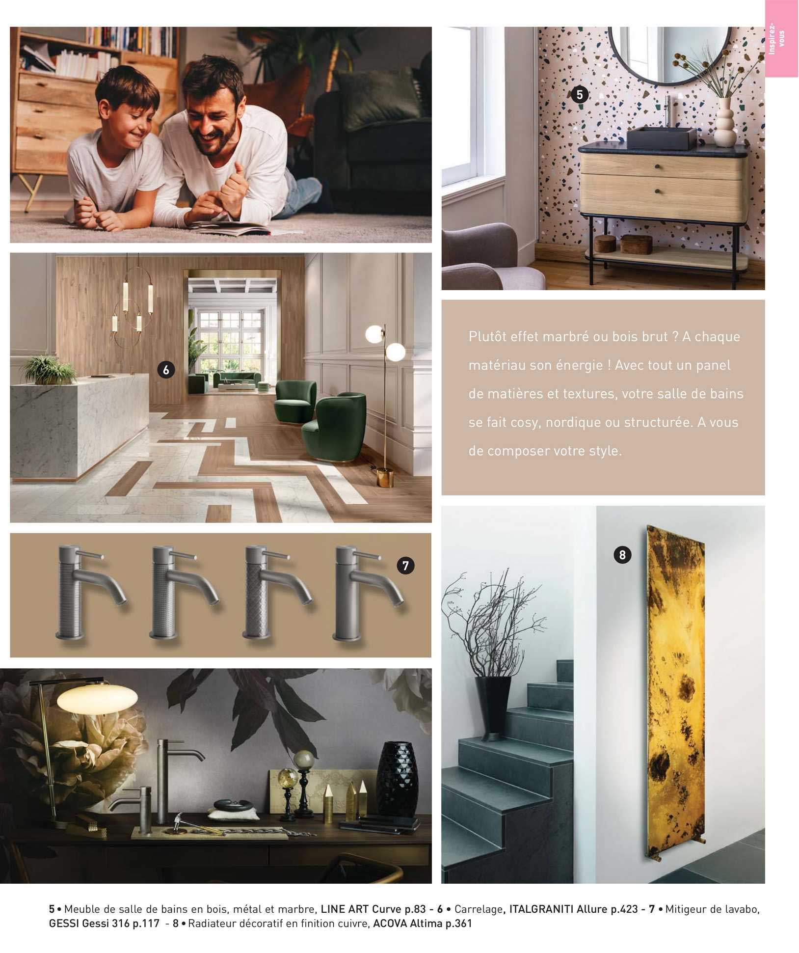 meuble de sale de bain en bois, métal et en marbre, line art curve, carrealge italgraniti allure, mitigeur de lavabo, gessi gessi, radiateur décoratif en finition cuivre, acova altima