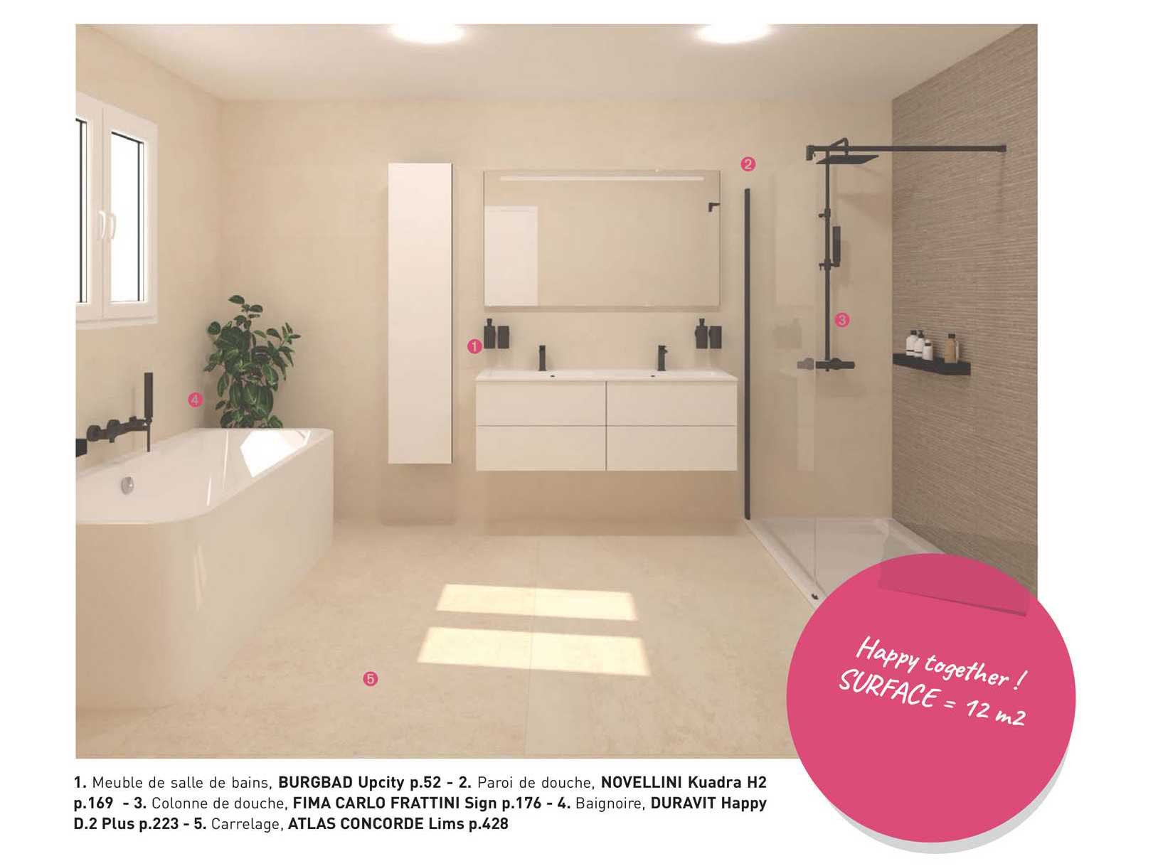 meuble de salle de bain, burgbad upcity, paroi de douche novellini kuadra h2, colonne de douche fima carlo frattini sign, baignoire, duravit happy d.2 plus, carrealge atlas concorde lims