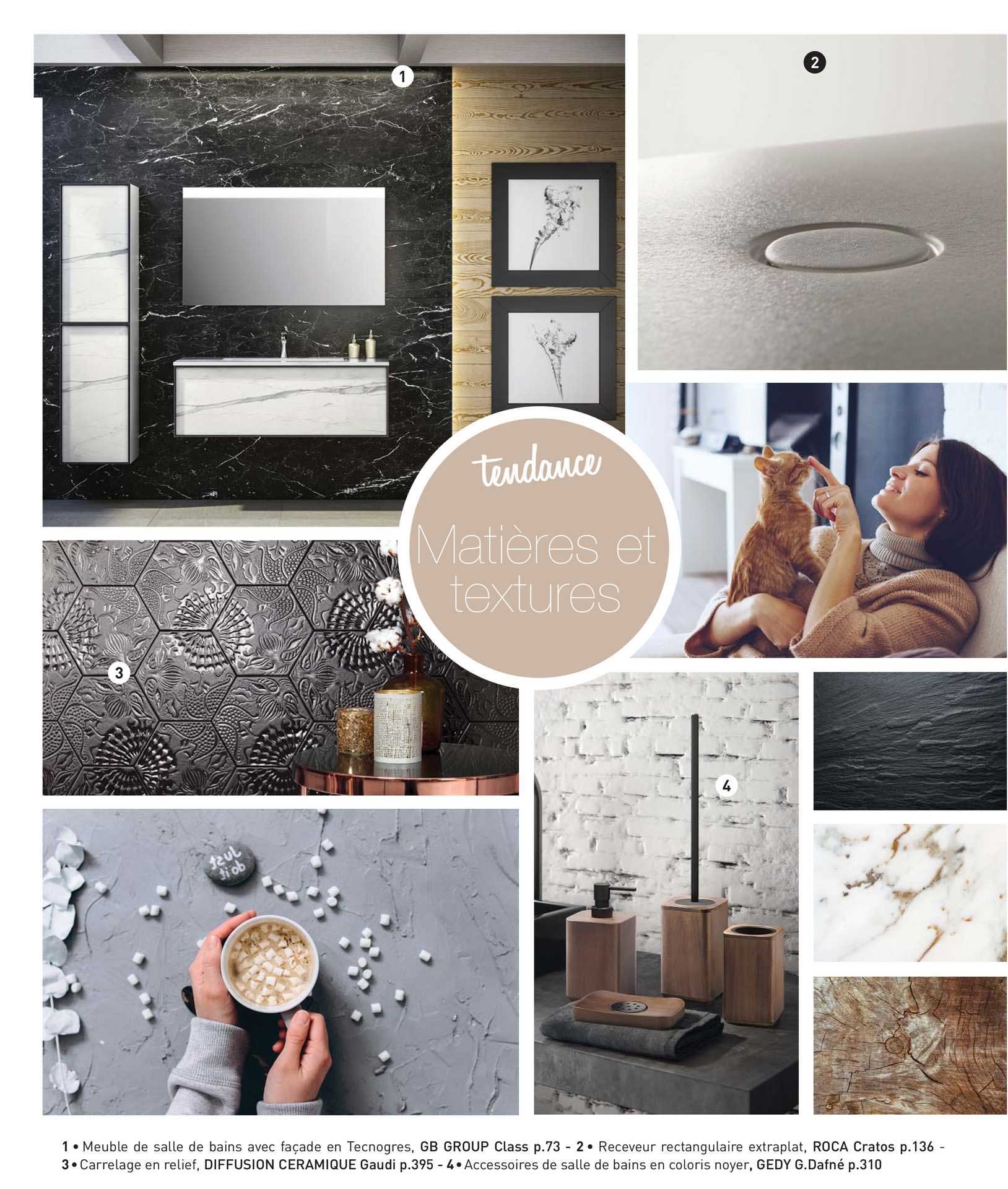 meuble de salle de bain avec façade en tecnogres, gb group class, receveur rectangulaire extraplat roca cratos, carrelage en relief, diffusion céramique gaudi, accessoires de salle de bains