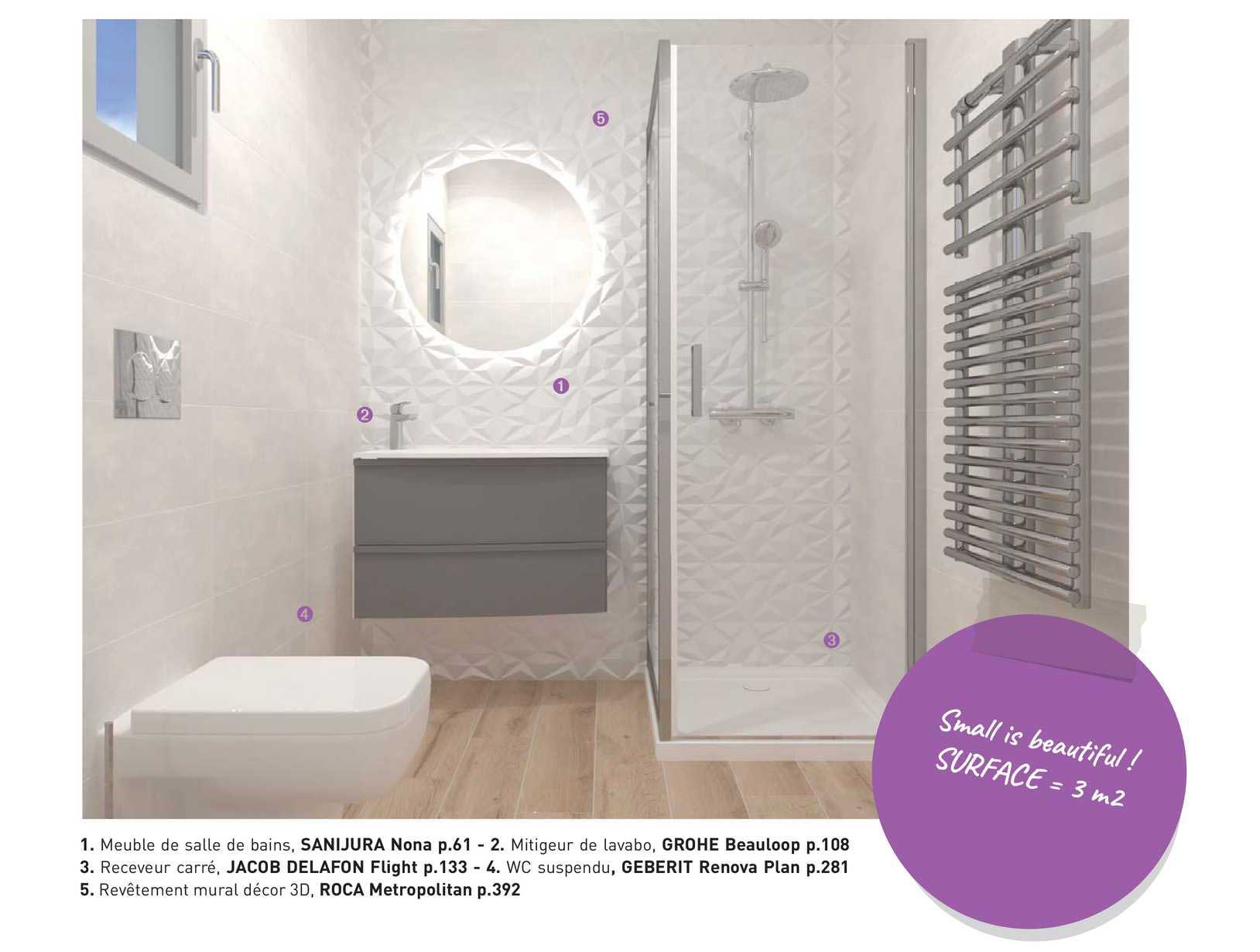 meuble de salle de bains, sanijura nona, mitigeur de lavabo, grohe beauloop, receveur carré, jacob delafon, wc suspendu, geberit renova plan, revêtement mural décor 3d, roca metropolitan
