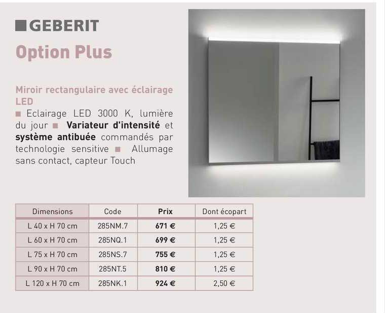 miroir rectangulaire avec éclairage led option plus geberit