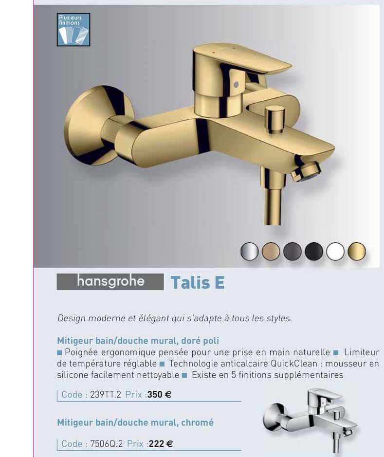 mitigeur bain-douche mural, doré poli talis e hansgrohe