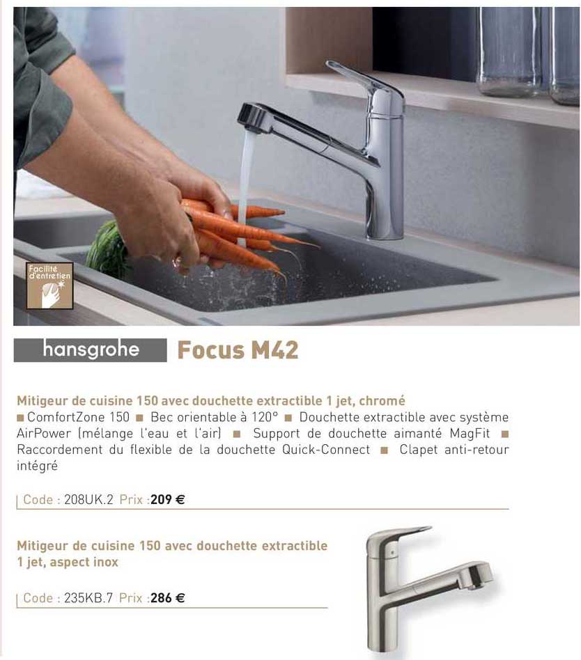 mitigeur de cuisine 150 avec douchette extractible 1 jet, chromé focus m42 hansgrohe