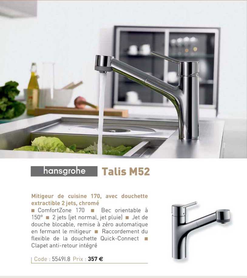mitigeur de cuisine 170, avec douchette extractible 2 jets, chromé talis m52 hansgrohe
