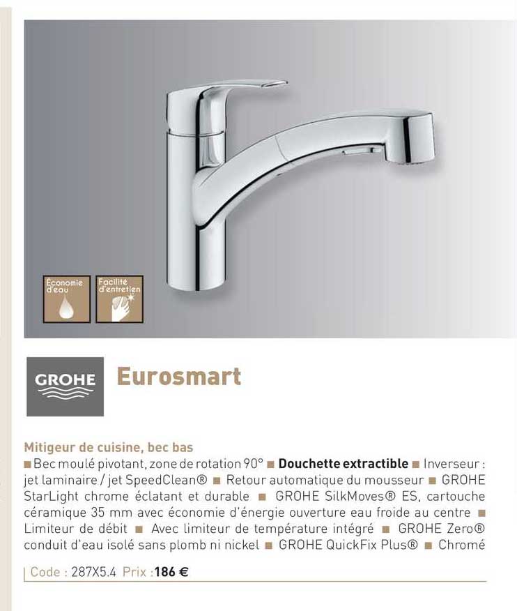 mitigeur de cuisine, bec bas eurosmart grohe