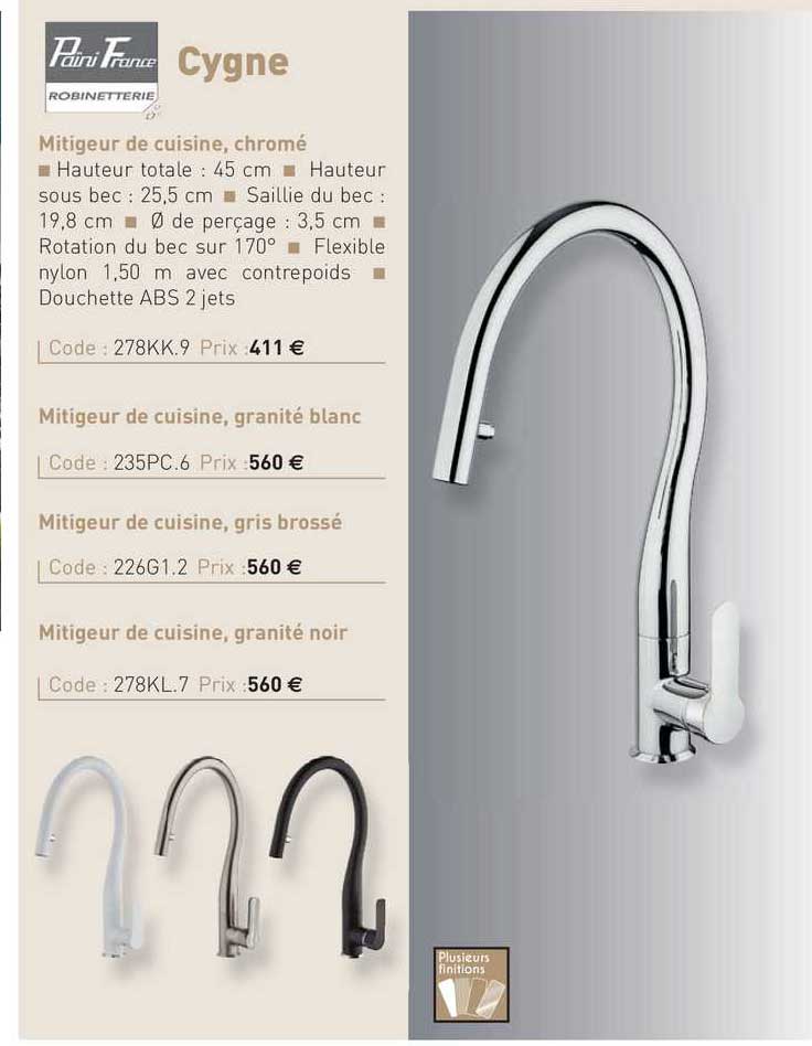 mitigeur de cuisine, chromé cygne païni france