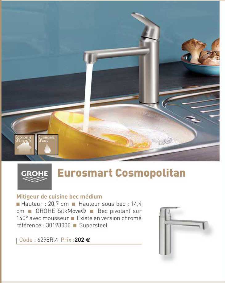 mitigeur de cuisine bec médium eurosmart cosmopolitan grohe