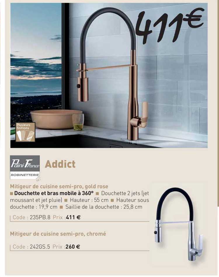 mitigeur de cuisine semi-pro, gold rose addict païni france