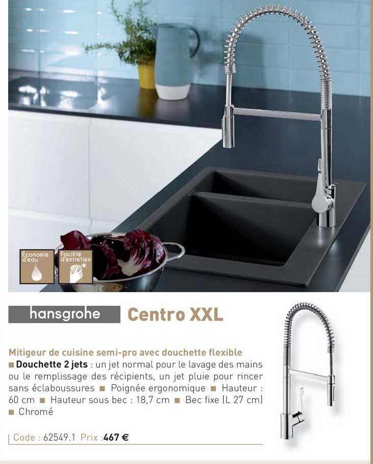 mitigeur de cuisine semi-pro avec douchette flexible centro xxl hansgrohe
