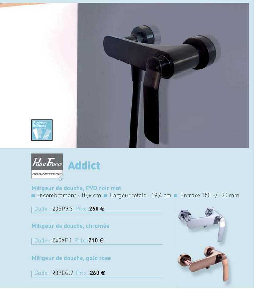 mitigeur de douche, pvd noir mat, mitigeur de douche, chromée, mitigeur de douche, gold rose addic paini france