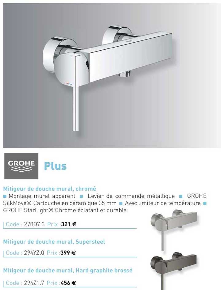 mitigeur de douche mural, chromé, mitigeur de douche mural, supersteel, mitigeur de douche mural, hard graphite brossé, plus grohe