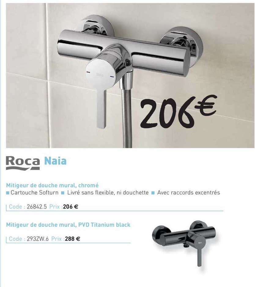 mitigeur de douche mural, chromé naia roca