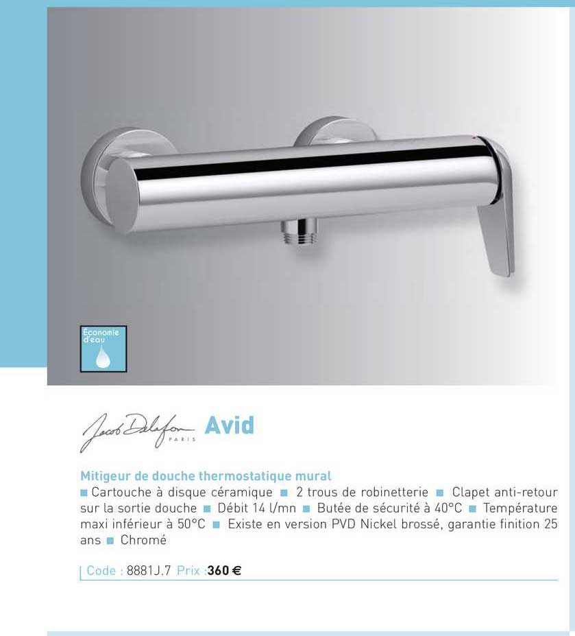 mitigeur de douche thermostatique mural avid jacob delafon