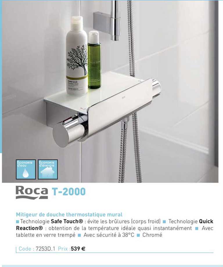 mitigeur de douche thermostatique mural t-2000 roca
