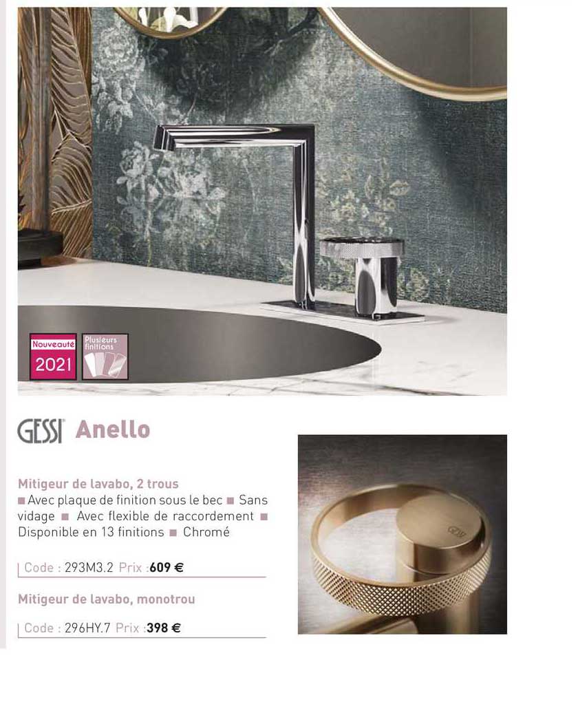 mitigeur de lavabo, 2 trous anello gessi