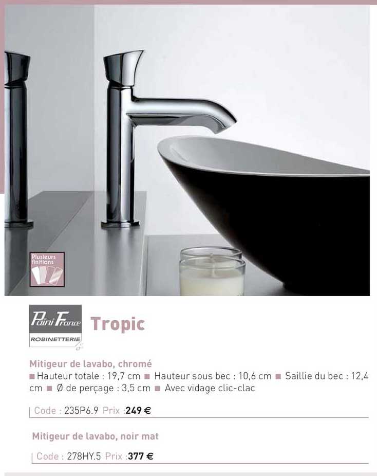 mitigeur de lavabo, chromé tropic paini france