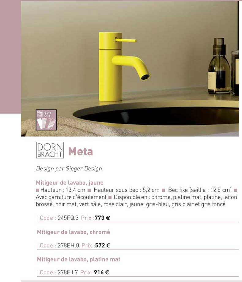 mitigeur de lavabo, jaune meta dorn bracht