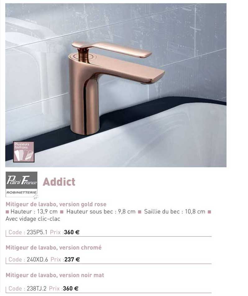 mitigeur de lavabo, version gold rose addict paini france
