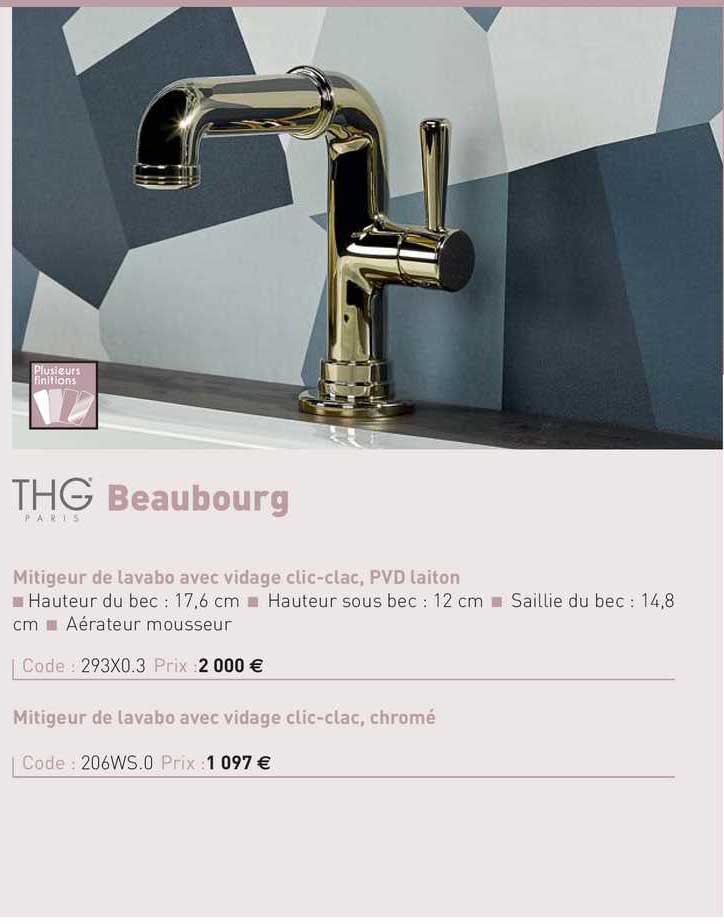 mitigeur de lavabo avec vidage clic-clac, pvd laiton beaubourg thg