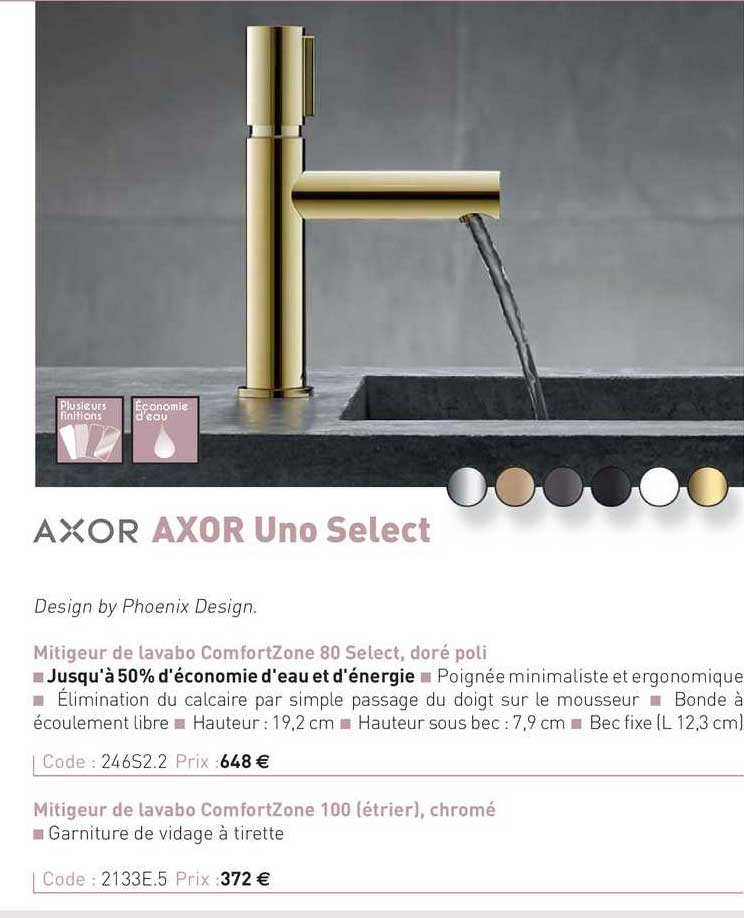 mitigeur de lavabo comfor zone 80 select, doré poli axor uno select axor