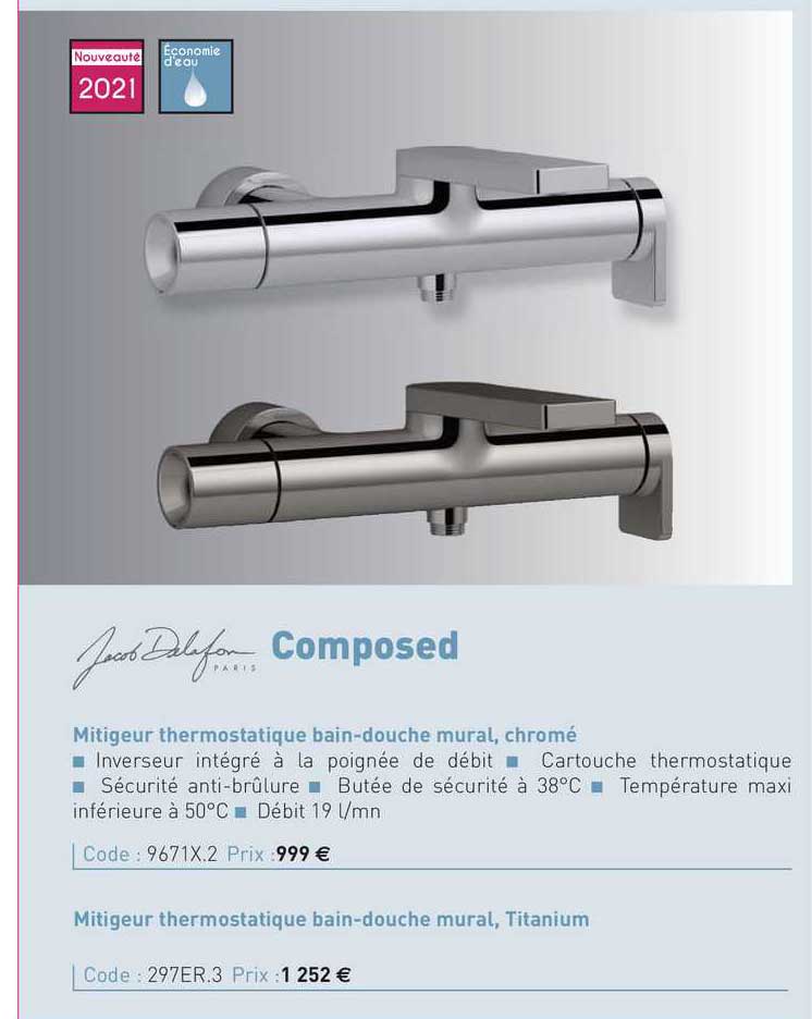 mitigeur thermostatique bain-douche mural, chromé composed jacob delafon