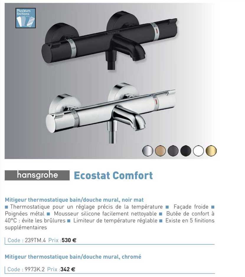 mitigeur thermostatique bain-douche mural, noir mat, ecostat comfort hansgrohe