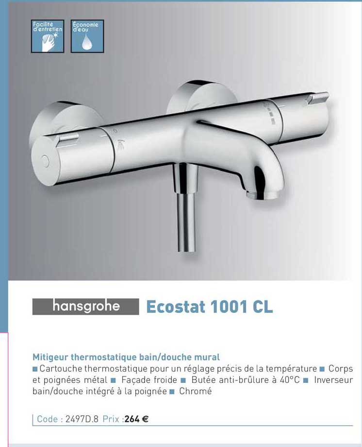 mitigeur thermostatique bain-douche mural ecostat 1001 cl hansgrohe