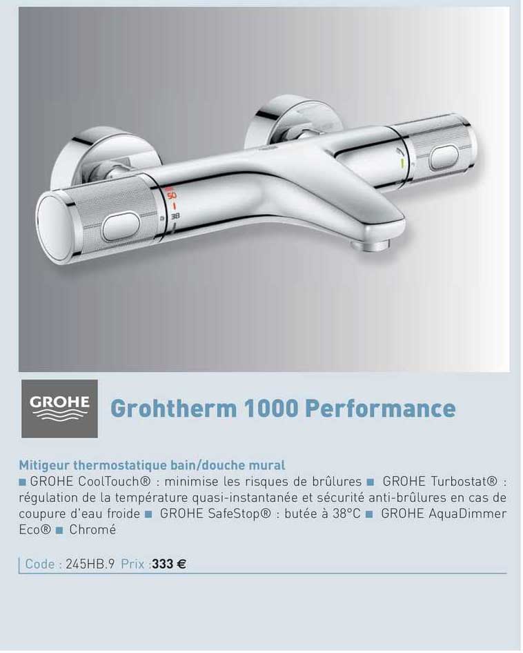 mitigeur thermostatique bain-douche mural grohtherm 1000 performance grohe