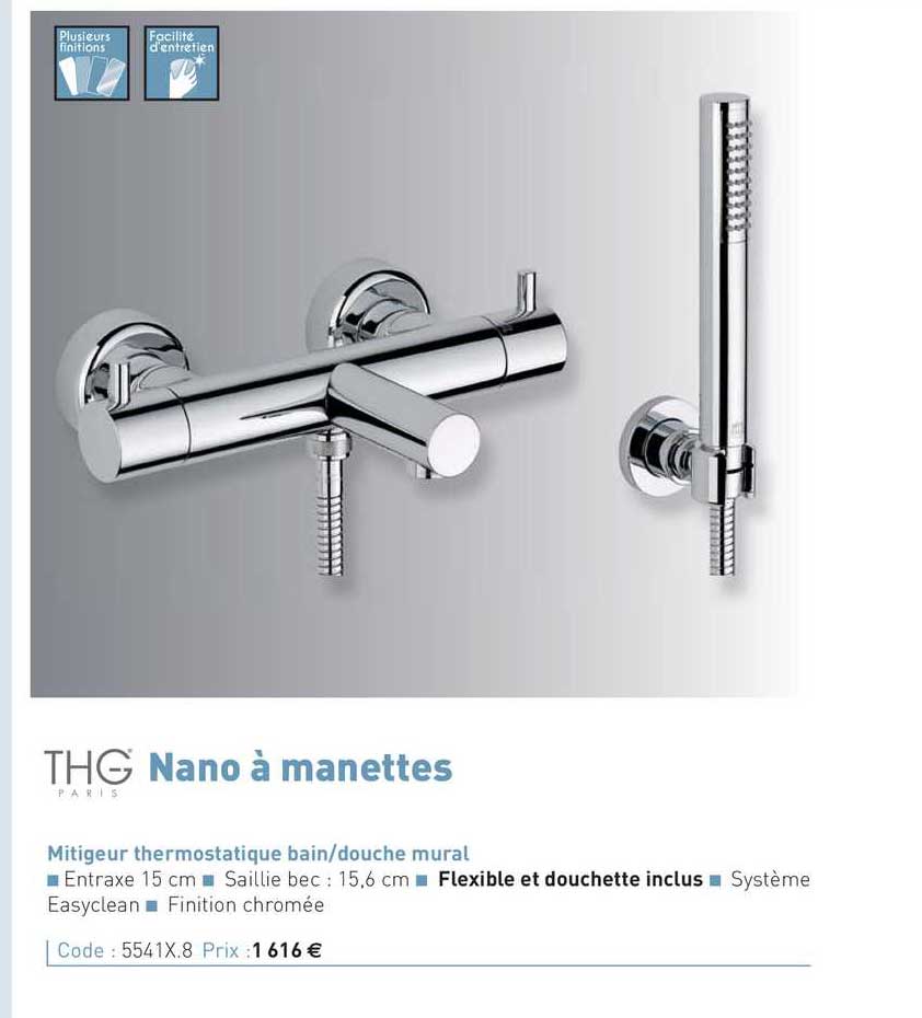 mitigeur thermostatique bain-douche mural nano à manettes thg