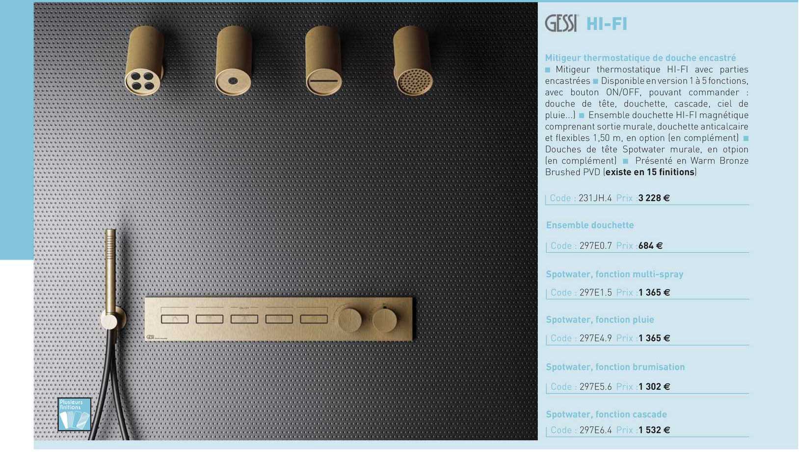 mitigeur thermostatique de douche encastré hi-fi gessi