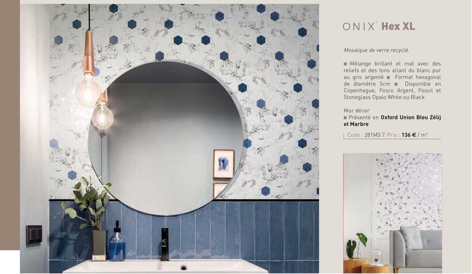 mosaïque de verre recyclé hex xl onix