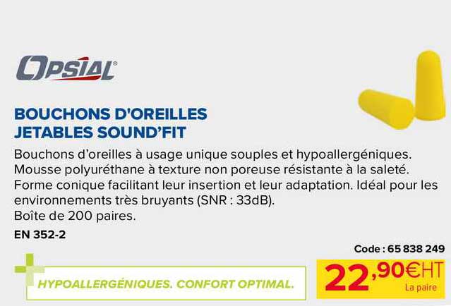opsial bouchons d'oreilles jetables sound'fit