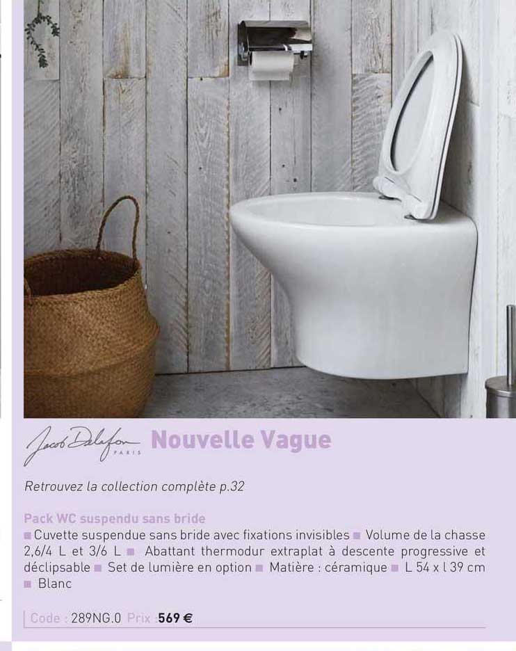 pack wc suspendu sans bride, nouvelle vague, jacob delafon