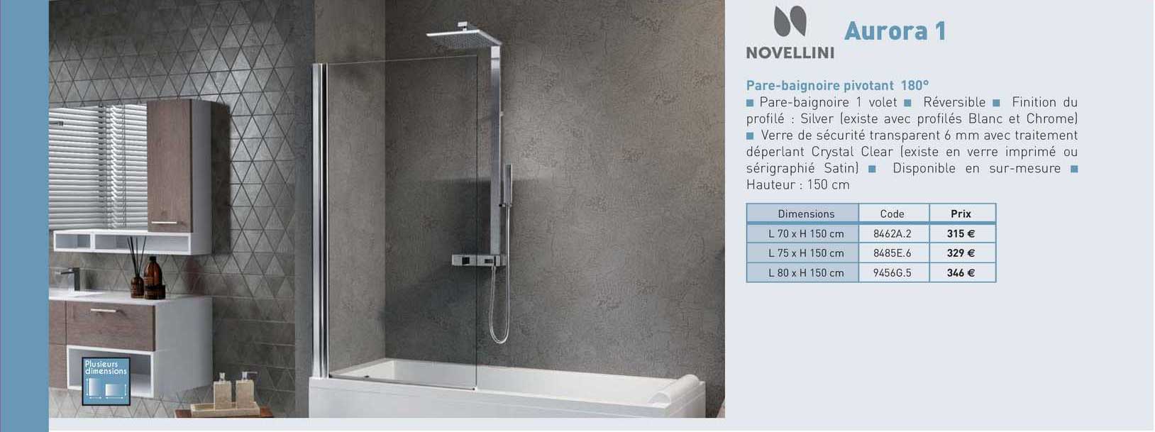 pare-baignoire pivotant 180° aurora 1 novellini