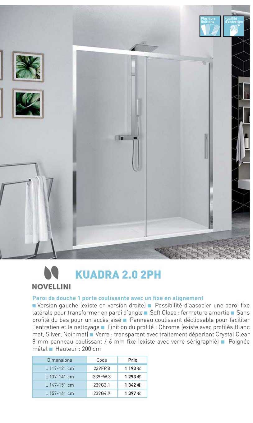 paroi de douche 1 porte coulissante avec un fixe en alignement kuadra 2.0 2ph novellini