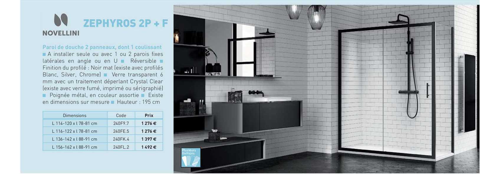 paroi de douche 2 panneaux, dont 1 coulissant zephyros 2p + f novellini