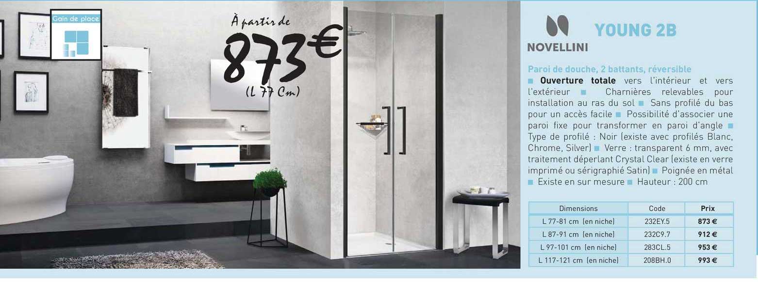 paroi de douche, 2 battants, réversible young 2b novellini